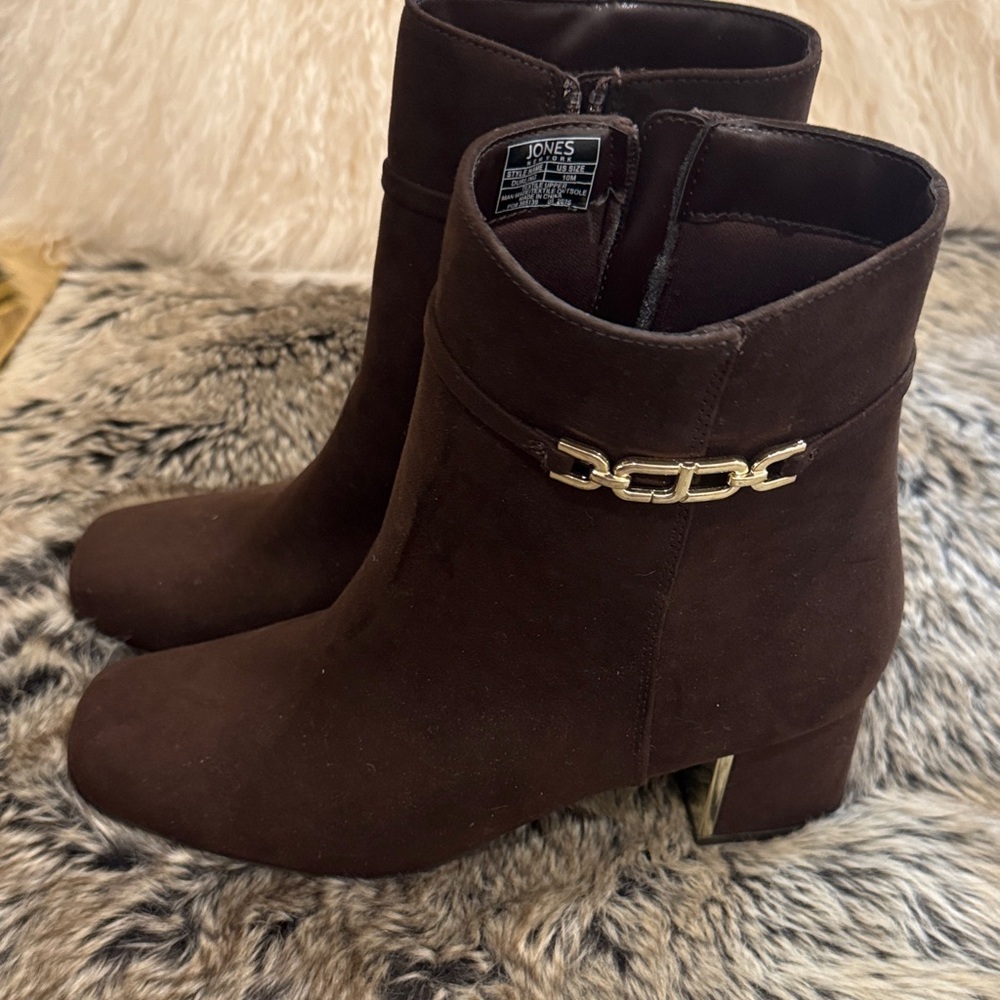 Jones New York Dark Brown Suede Ankle Boots with Gold Chain Detail